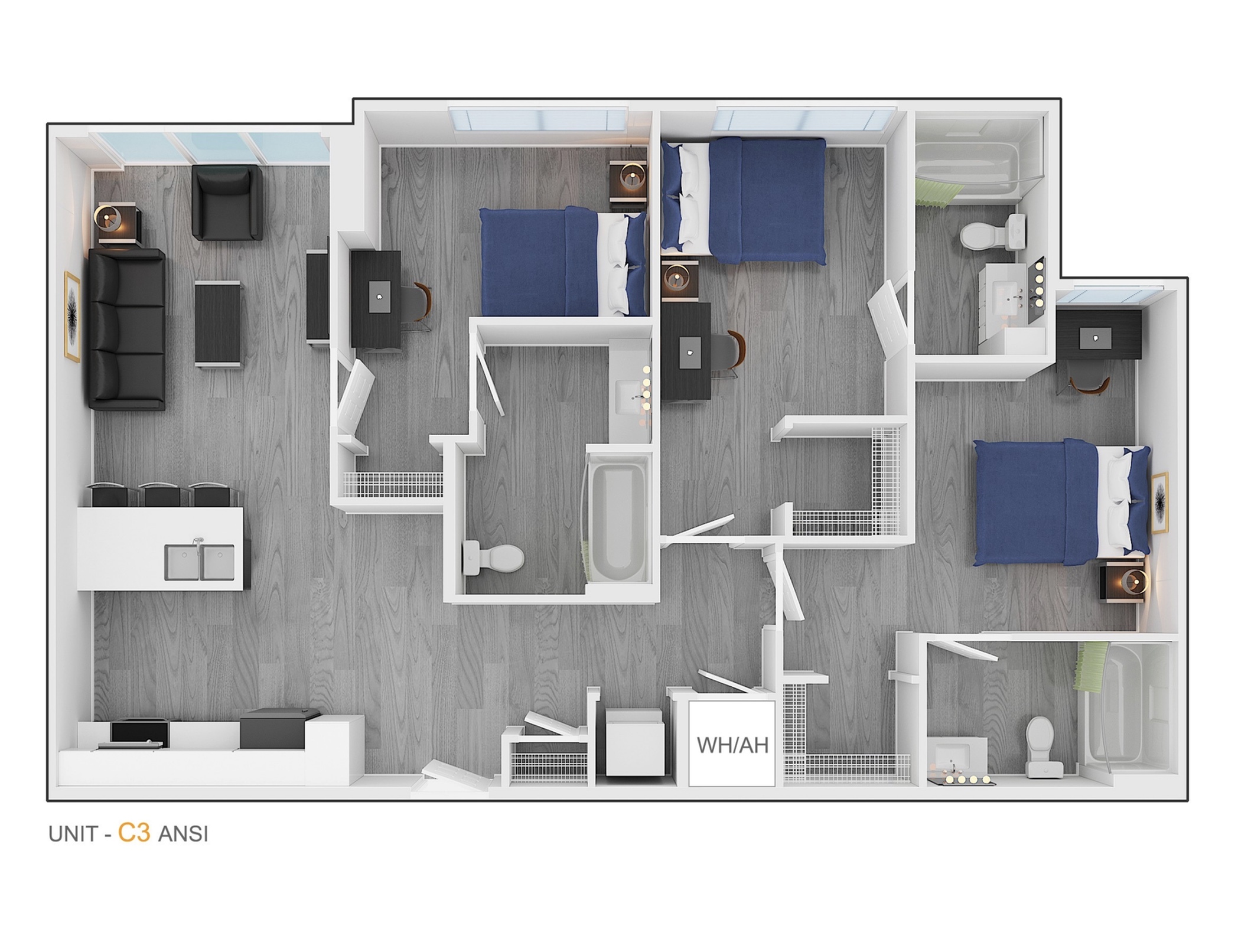 3BR/3BA – ANSI Type A floor plan